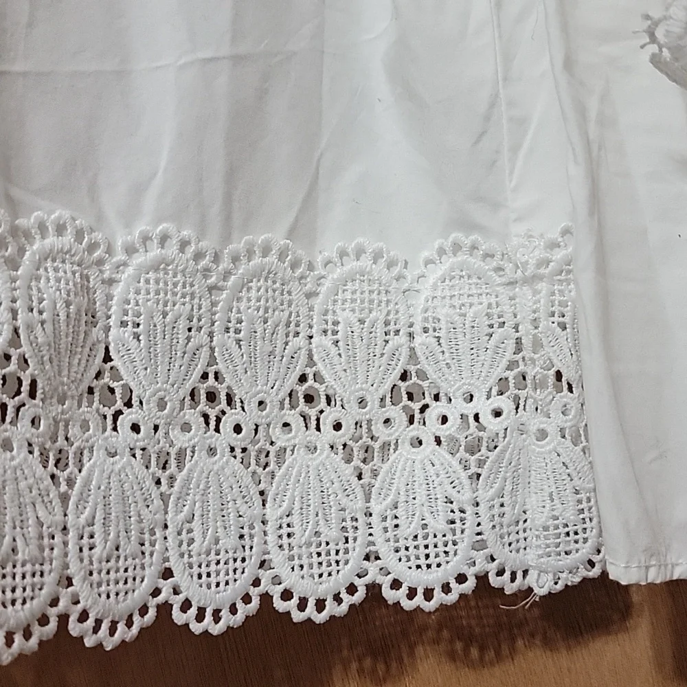 Zara Contrasting Combined Poplin Embroidered Cotton Top High Neck Blouse Lace